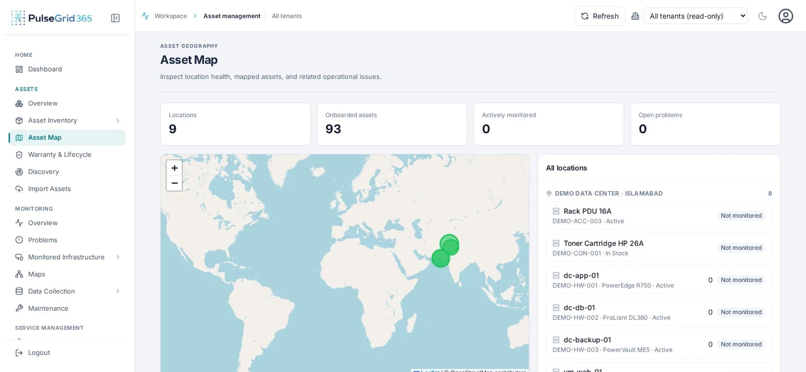 PulseGrid 365 asset map showing where assets are located